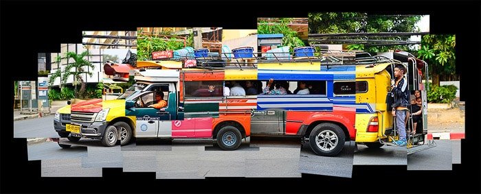 A photo montage of a brightly colored van comprised of many singular photos