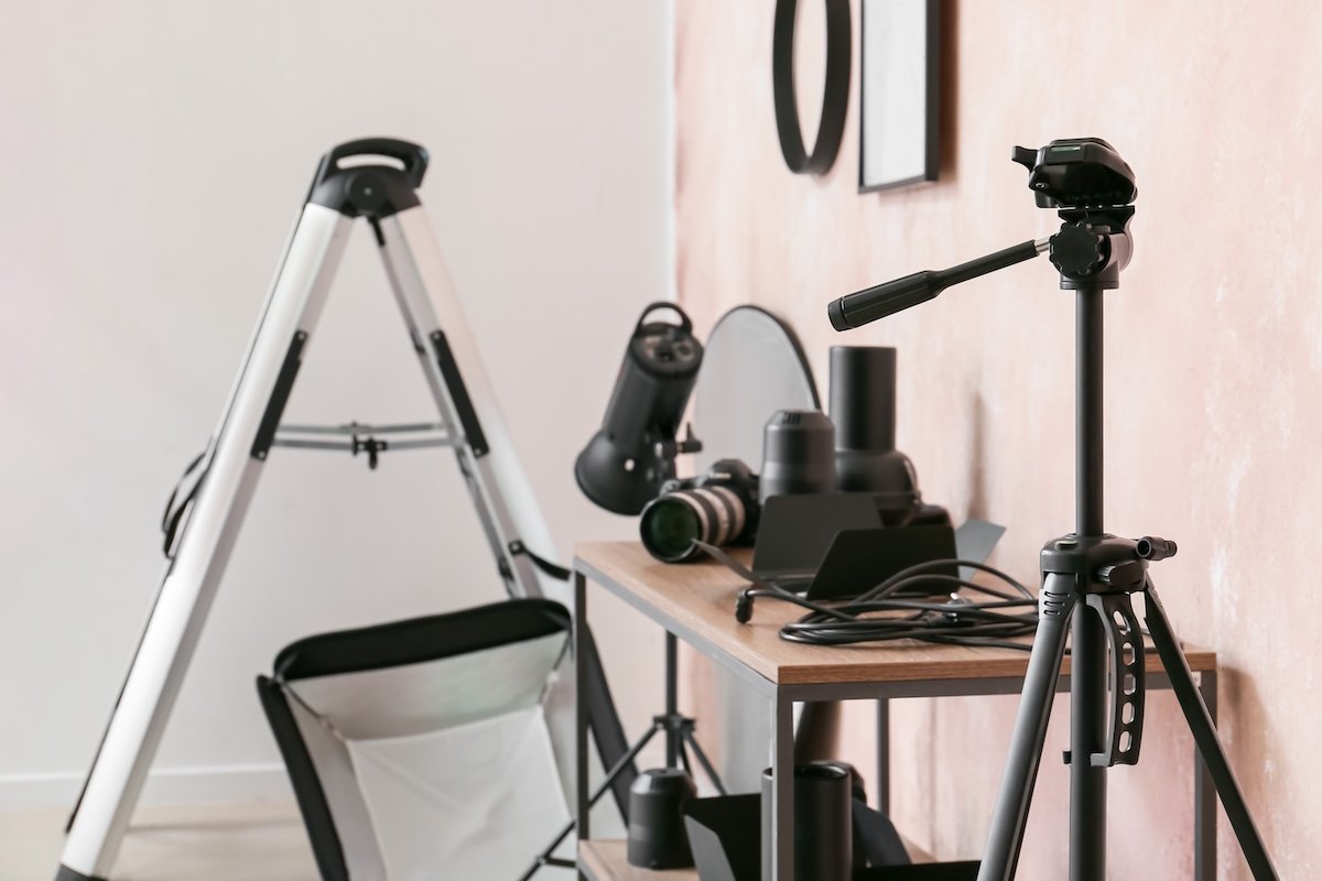 Boudoir photography equipment, camera gear, and lighting in a photo studio