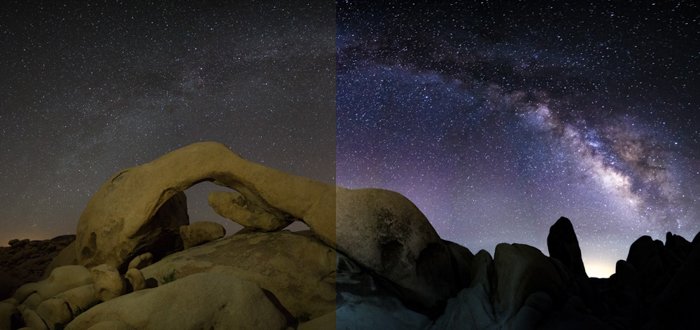 Split screen photo of the milky way over a landscape before and after editing
