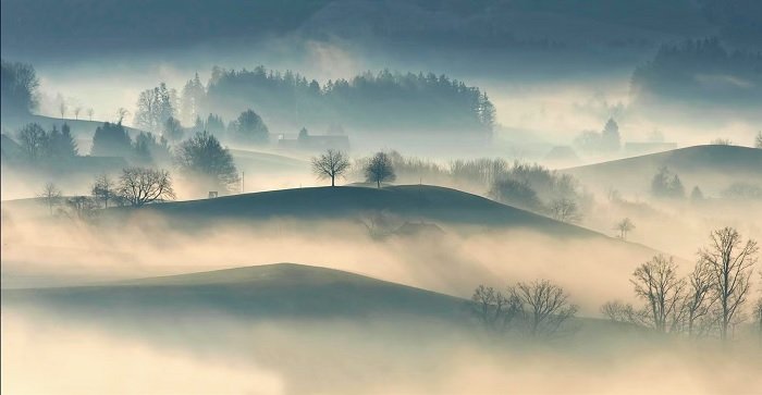 Mist rising from rolling hills