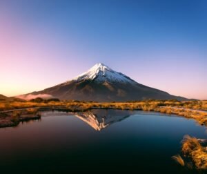 Landscape image of a solitary mountain reflected in the water of a lake in the foreground