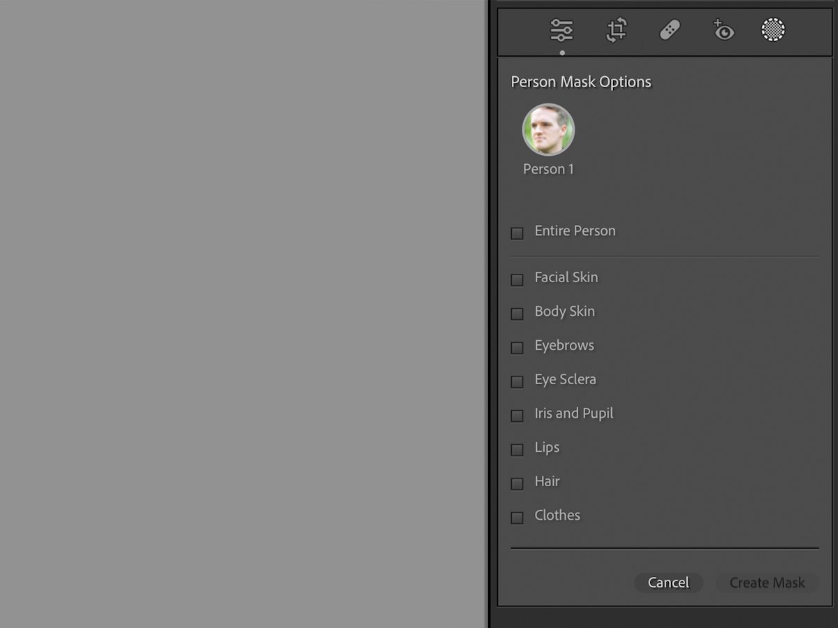 Screenshot of Lightroom interface with Person Mask options