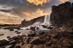 Waterfall landscape image at sunset edited with Luminar New