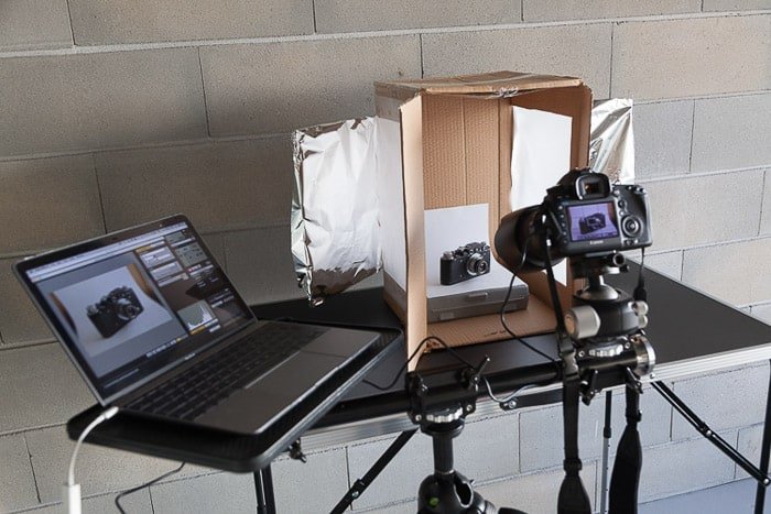 A set up for shooting a product image with a diy light box