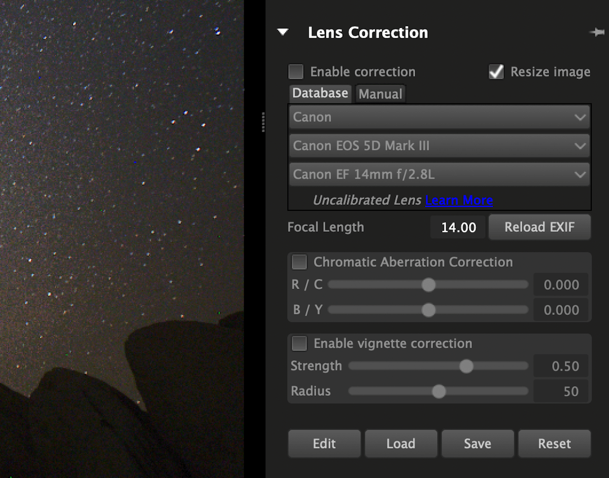 Screenshot of AfterShot Pro 3 Lens Correction panel with various options