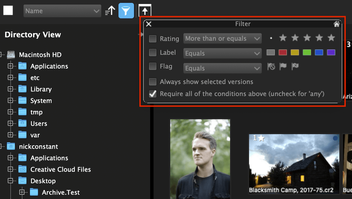 Screenshot of AfterShot Pro 3 sorting options with stars, colors, and flags